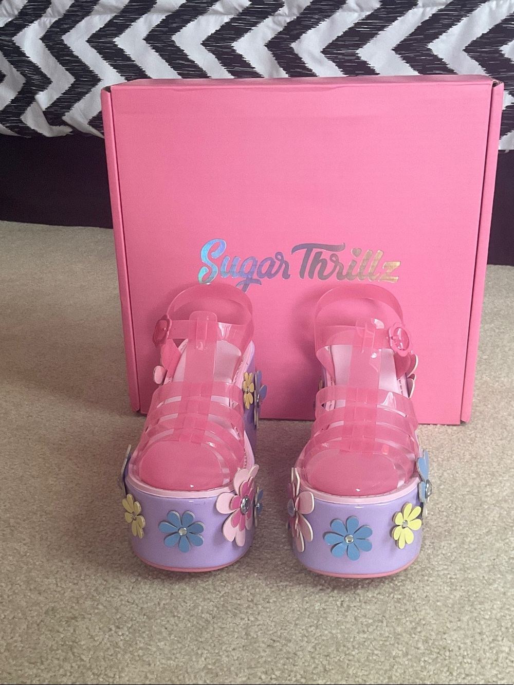 Sugar Thrillz Pink Jelly Platform Sandals with Pastel Flower Appliqués